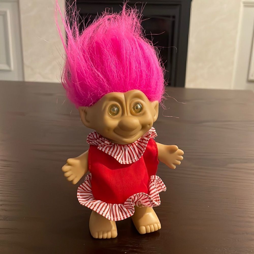 Troll Doll with Pink Hair and Red Dress with White Stripes Excellent Condition